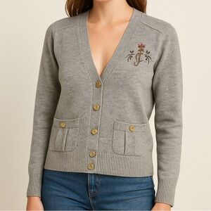 Y2K Juicy Couture Gray Wool Cashmere-Blend Crest Cardigan‎ Sweater Size L